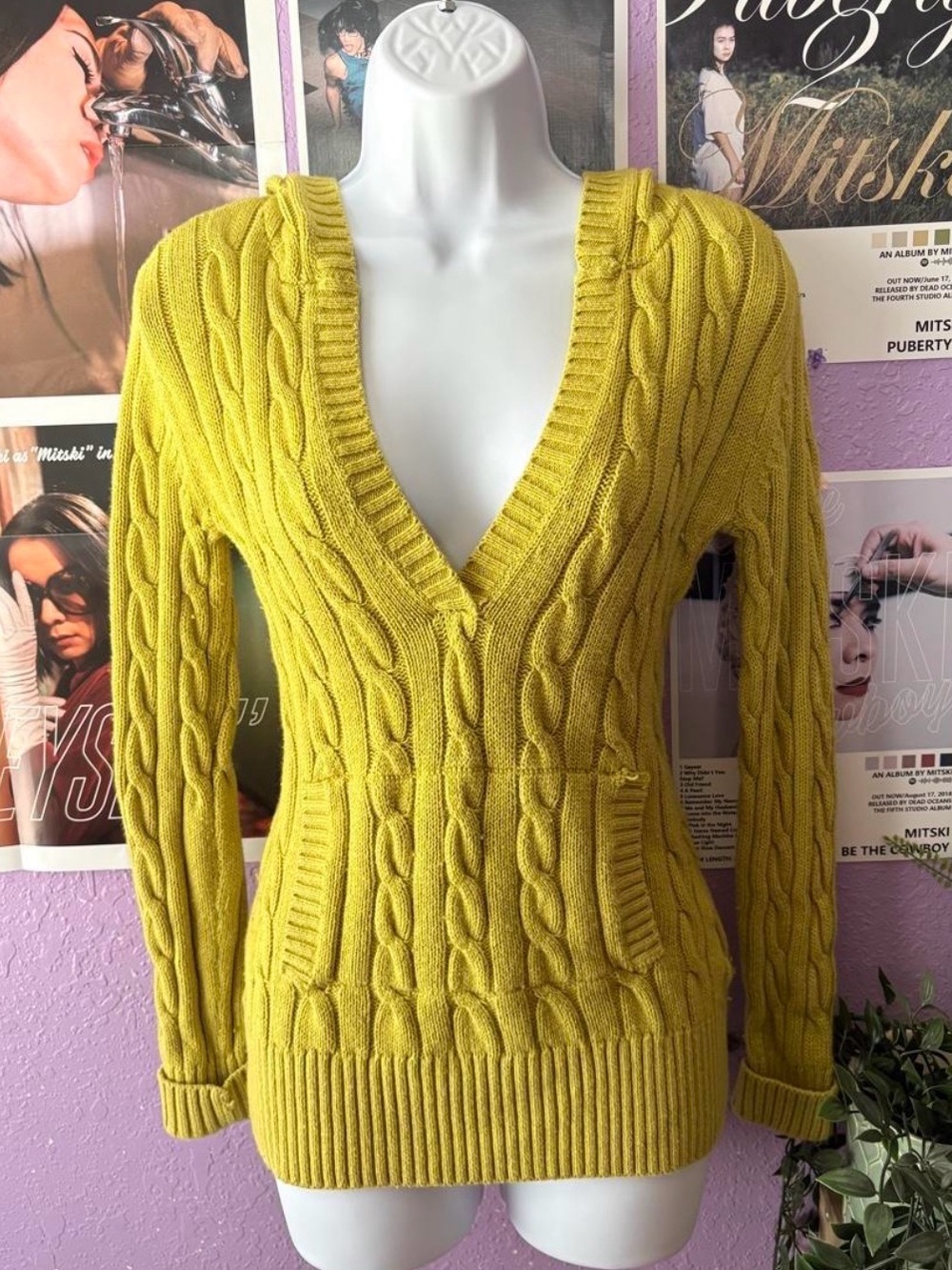 Banana Republic Yellow Chartreuse Cable-Knit V-Neck Sweater with Front Pockets